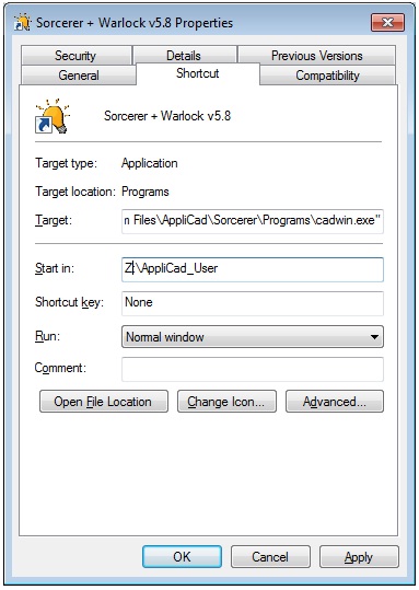 Shortcut Properties Screen