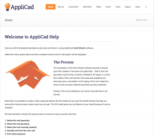 This image shows a screenshot of AppliCad Roof Wizard's User Manual Online Help Menu 