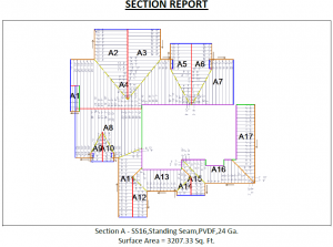 This image shows how the AppliCad metal roofing section report cuts metal roofs into sections