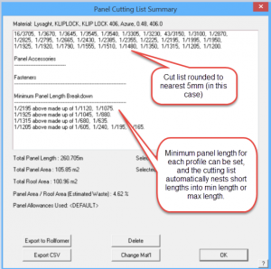 This image shows a screenshot of AppliCad Panel Cutting List Summary