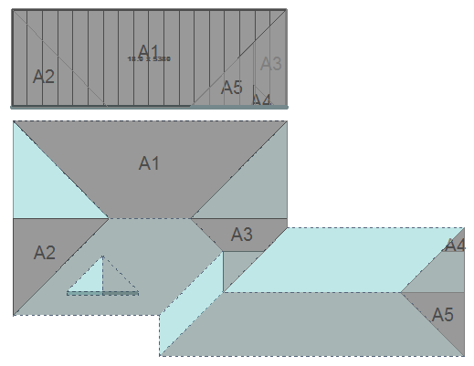 Image shows roof panels assigned with section cut numbers in Roof Wizard software for metal block-cutting