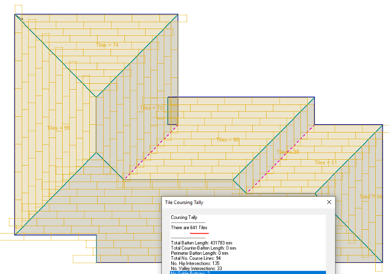 Image shows screenshot of AppliCad software function for block cutting in metal roof tile simulation