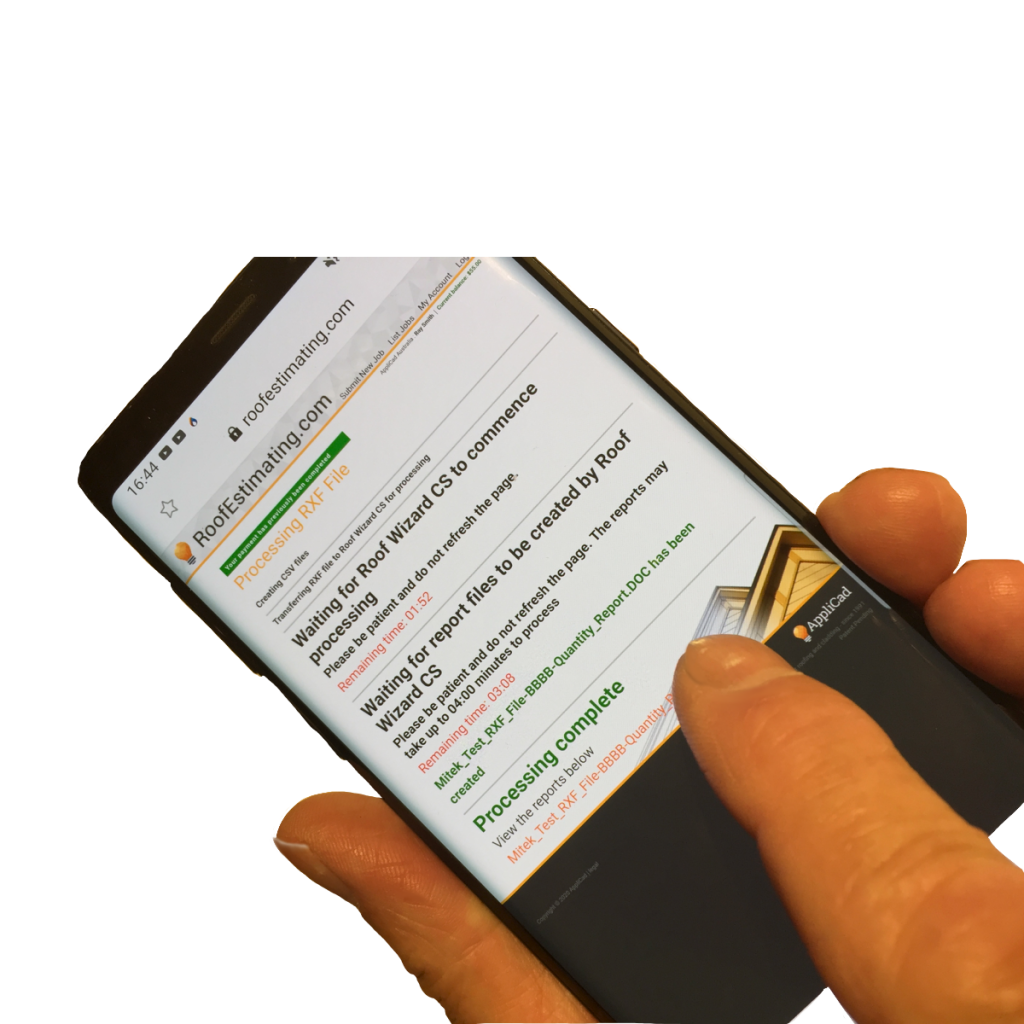 Image shows AppliCad's automatic roof estimating tool processing a job within minutes